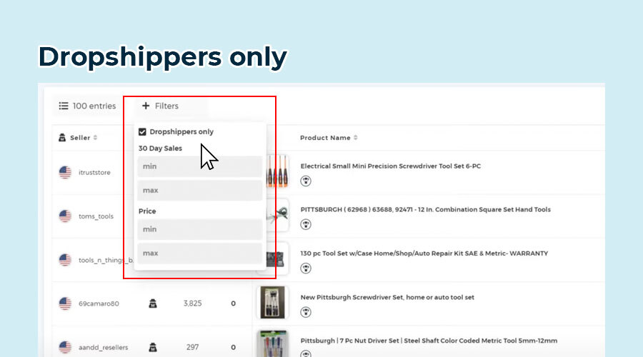 Filtering out search to only find dropshippers