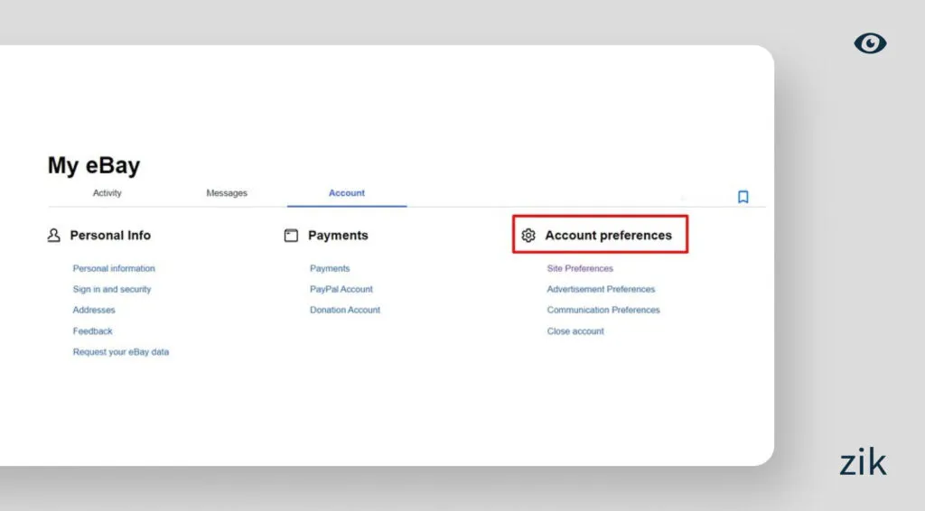 Go to My eBay and click Summary > Account