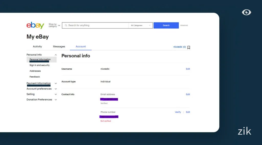 Personal Information page
