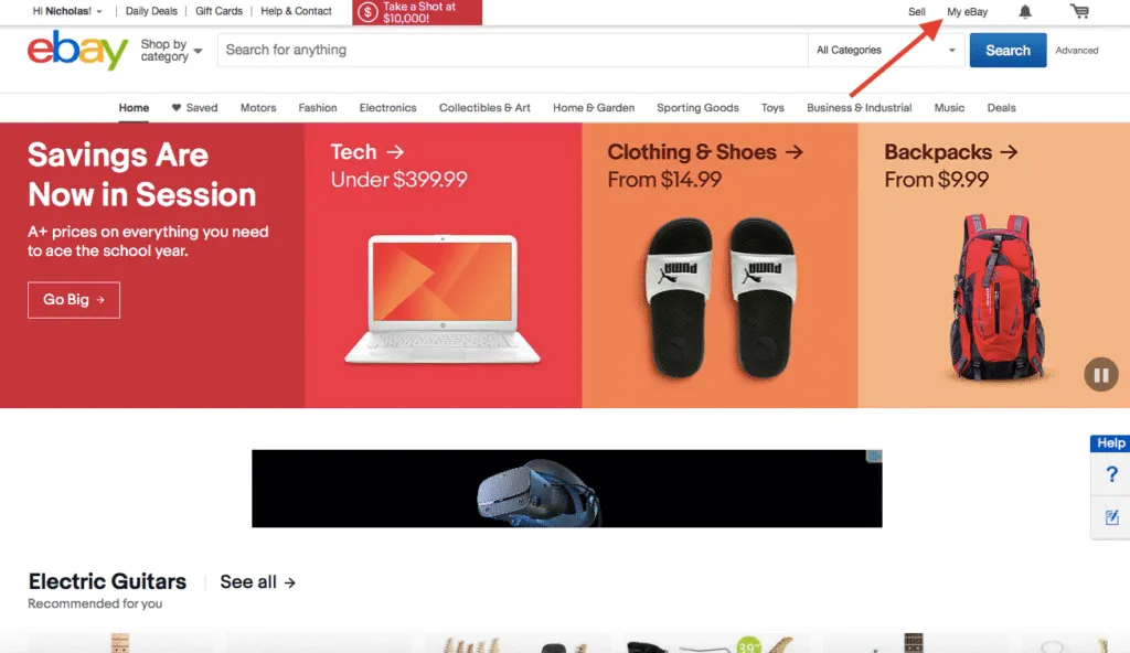 click “My eBay” on the top right corner