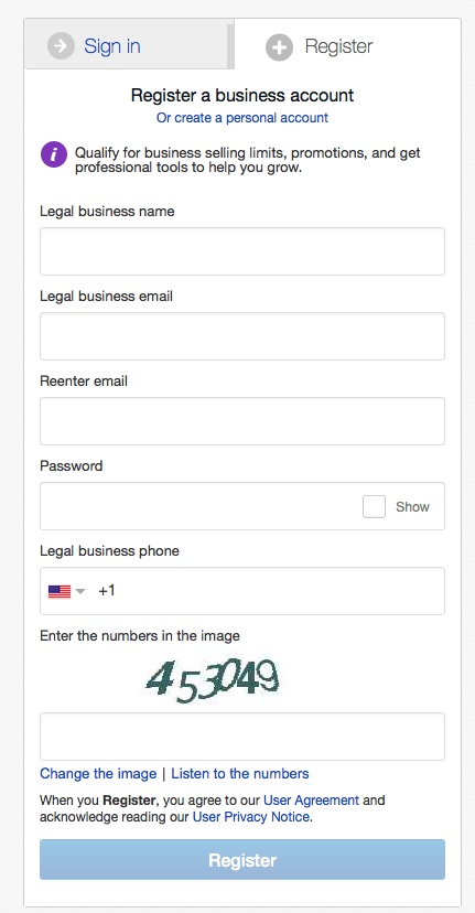 fill in the required info for business account