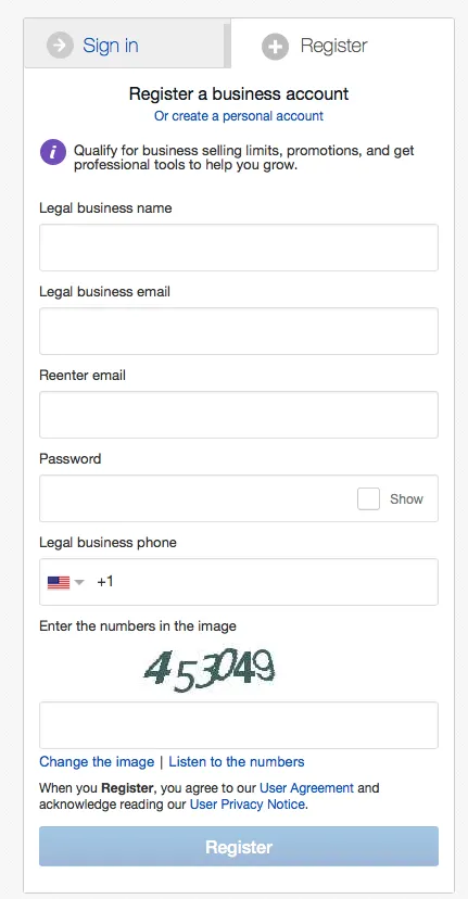 fill in the required info for business account
