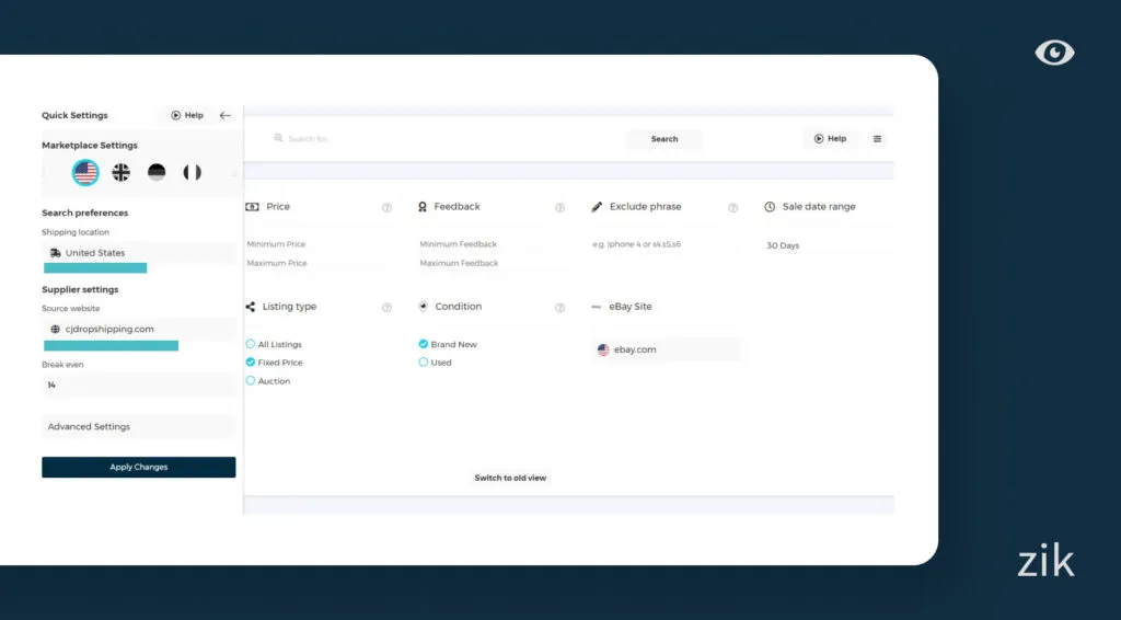 launch ZIK Analytics set the settings to CJ dropshipping