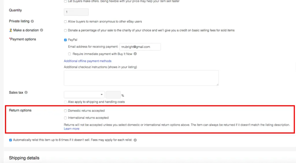 “Selling details” section and look for the “Return options” sub-section