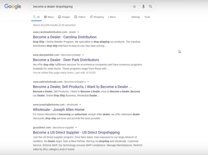 search in google for dropshipping suppliers