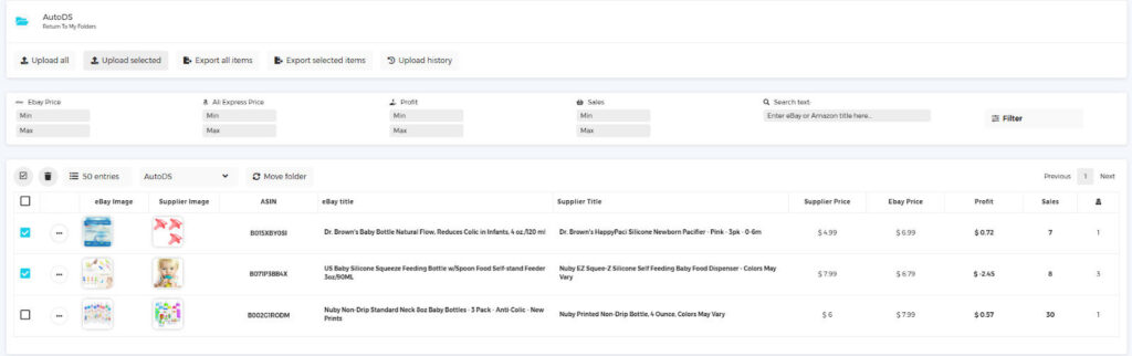 select product to upload to autoDS