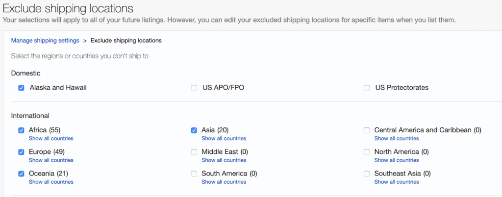 eBay Non-Shipping Regions Click The Regions You Do Not Ship To