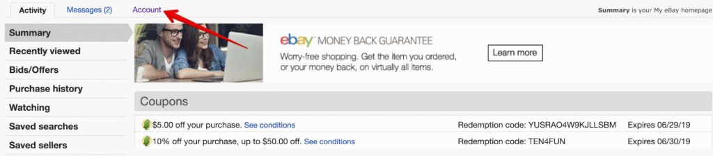 eBay Account Go Back To The “Account” Tab