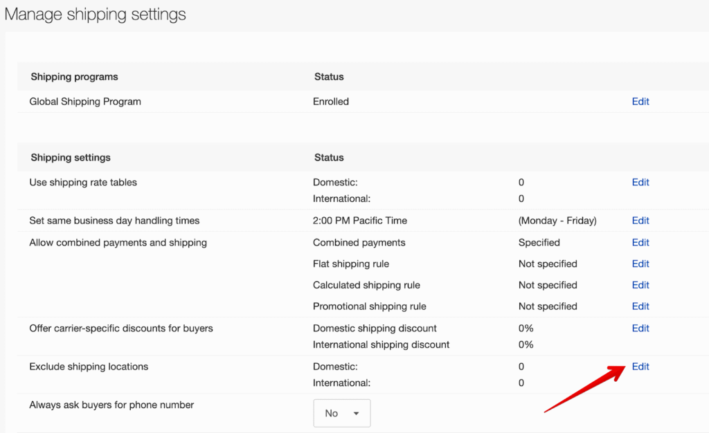eBay Exclude Shipping Locations Scroll To “Exclude Shipping Locations” and Click “Edit”