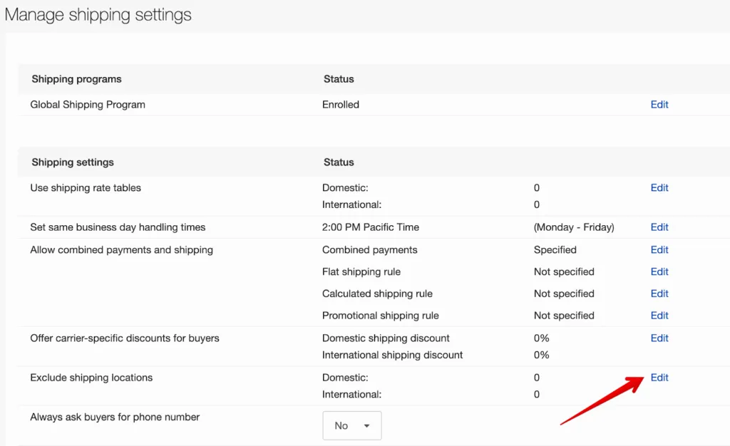 Scroll To “Exclude Shipping Locations” and Click “Edit”