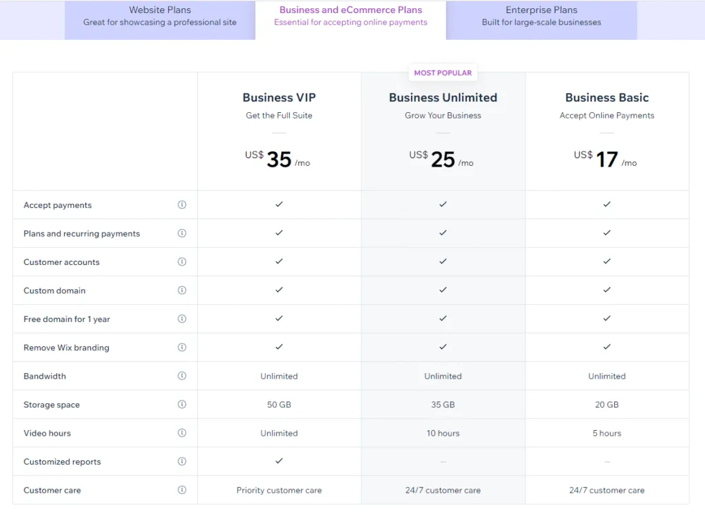 Wix Business Pricing