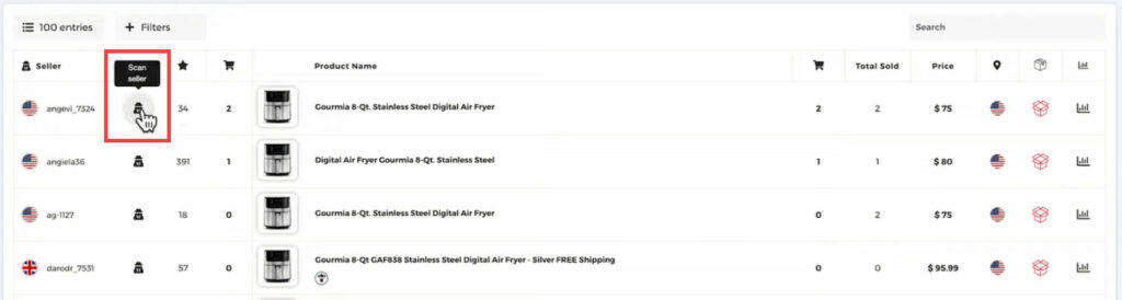 next step is to click on the "scan seller" button inside of ZIK Analytics