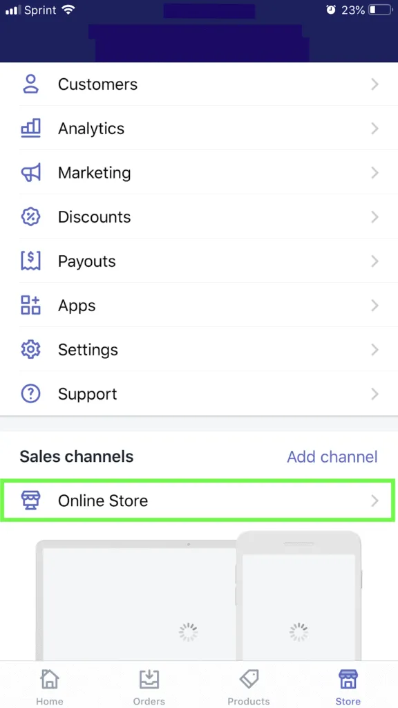 Click ‘Online Store’ listed under ‘Sales Channel’.