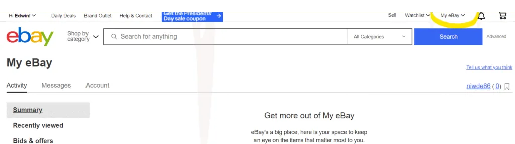 Go to My eBay, which is on the upper right hand corner of the profile page