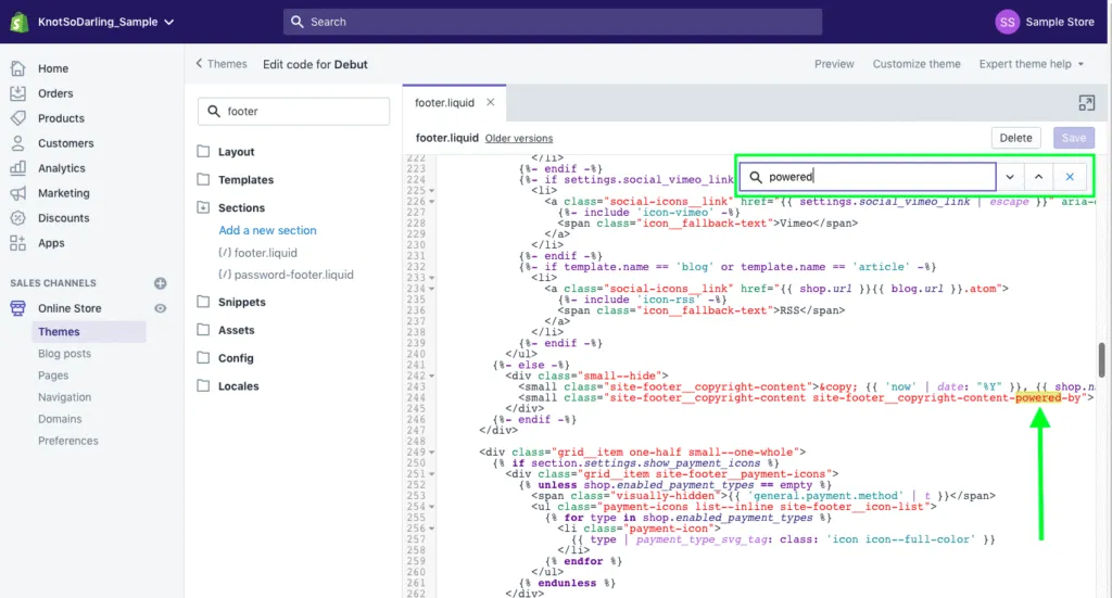 Type in “powered” to find the footer link