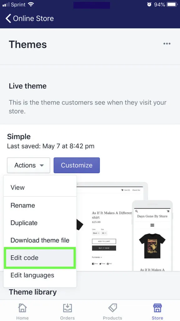 click edit code in mobile