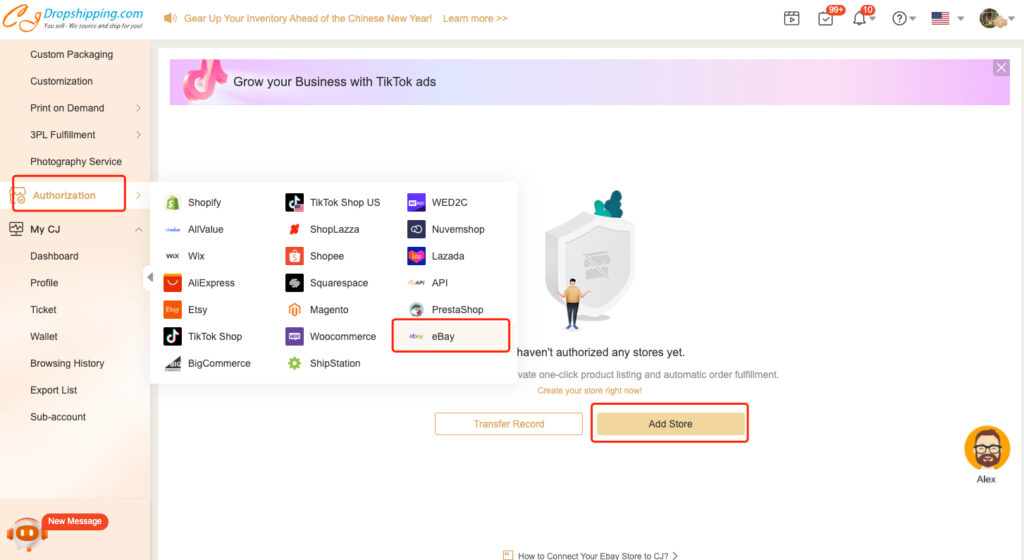 CJ dropshipping authorization link to eBay store
