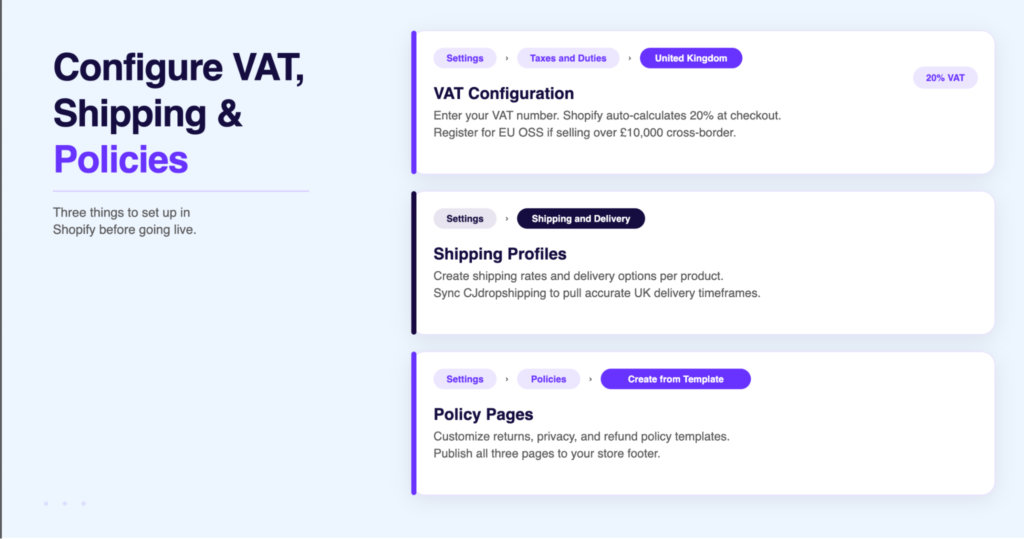 Configure Taxes and Shipping Policy Pages in Shopify dropshipping UK