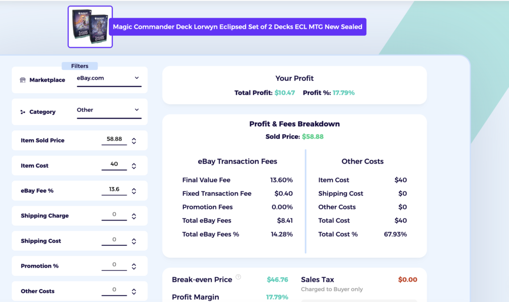 MTG card selling fees in the ZIK eBay fee calculator