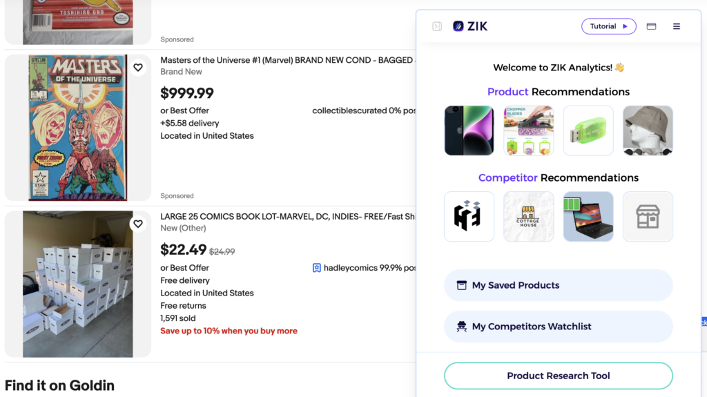 ZIK eBay Chrome Extension showing comic sold history