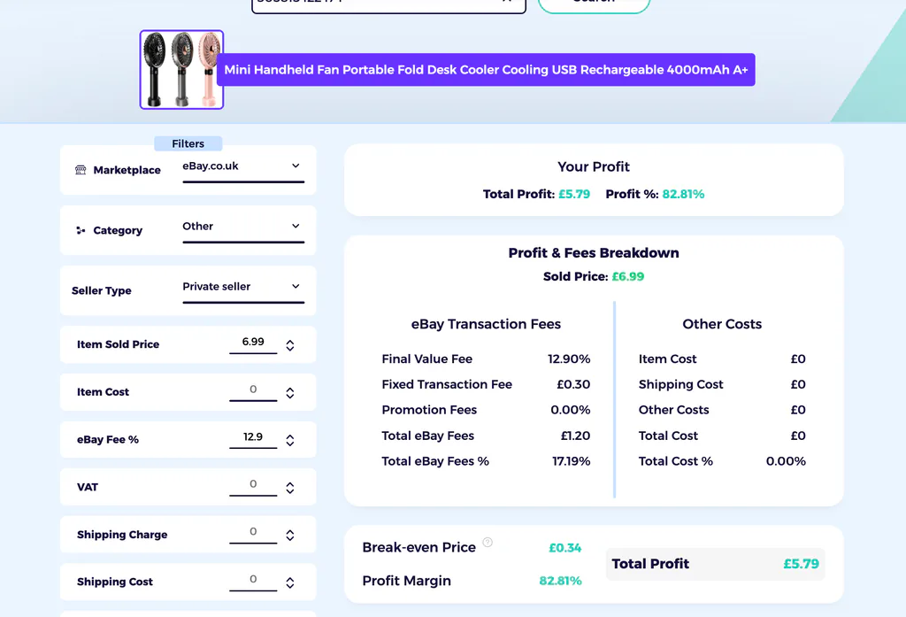 ZIK eBay fee calculator net profit for an eBay UK sale