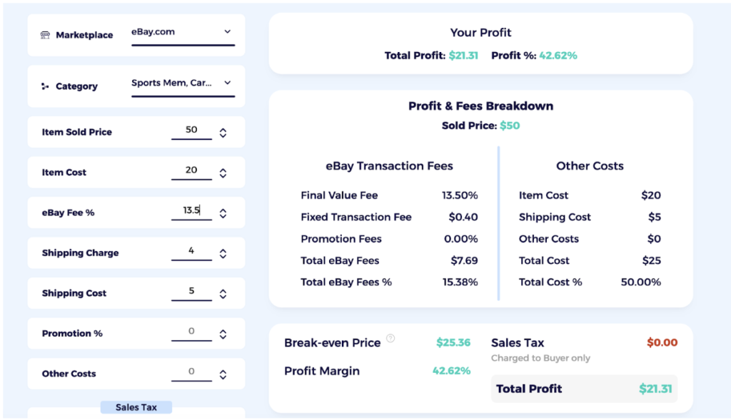 calculating baseball card profit with zik ebay fee calculator