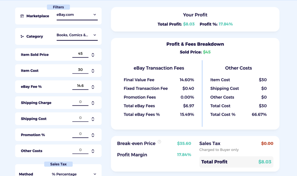 comic selling fees in the ZIK eBay fee calculator