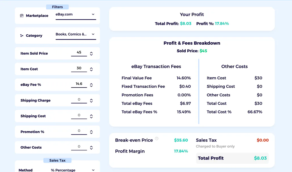 comic selling fees in the ZIK eBay fee calculator