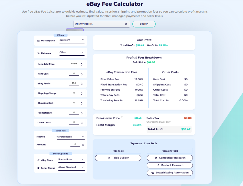 completed ebay fee calculator based on eBay ID item