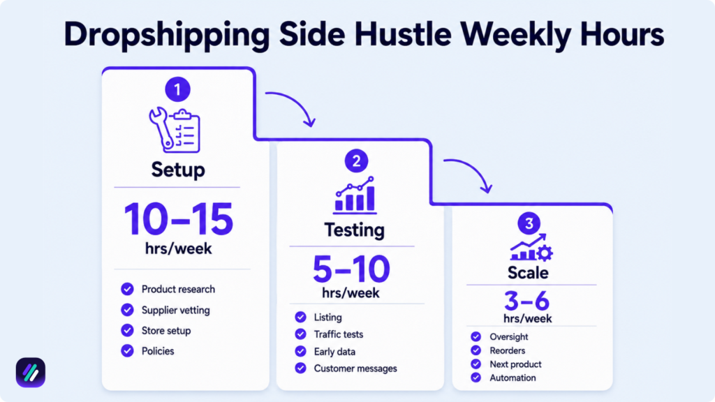 dropshipping side hustle commitment weekly based on phases