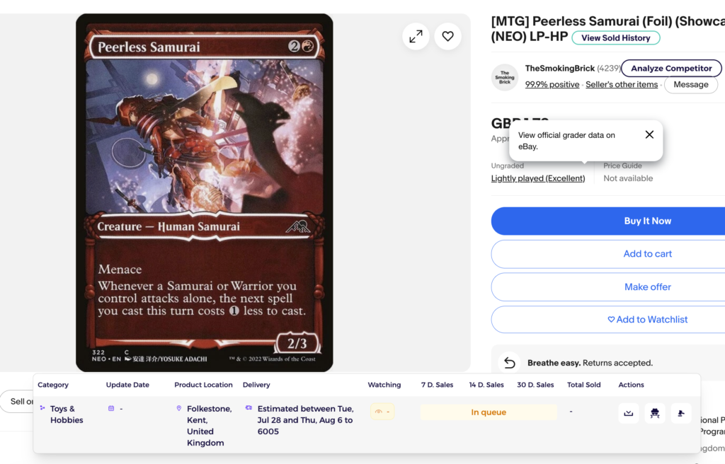 eBay Chrome Extension showing MTG card sold history