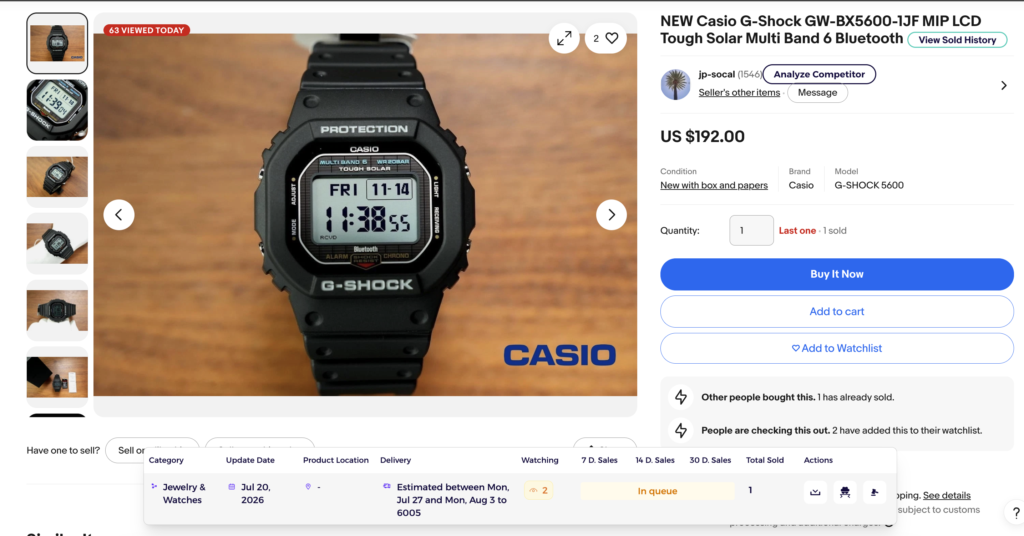 eBay Chrome Extension showing watch sold history