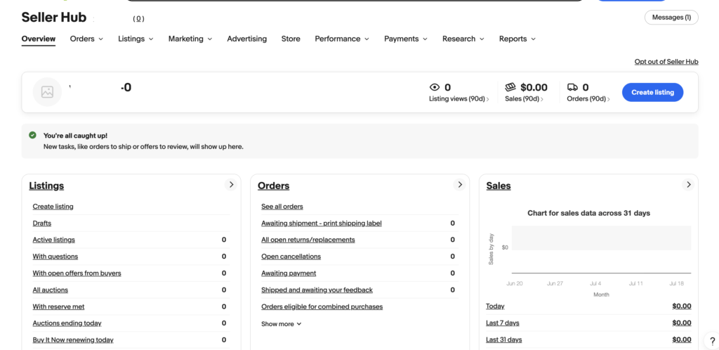 eBay Seller Hub dashboard overview tab
