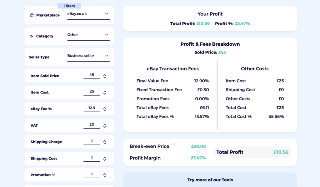 eBay UK fee calculator showing fees and net payout