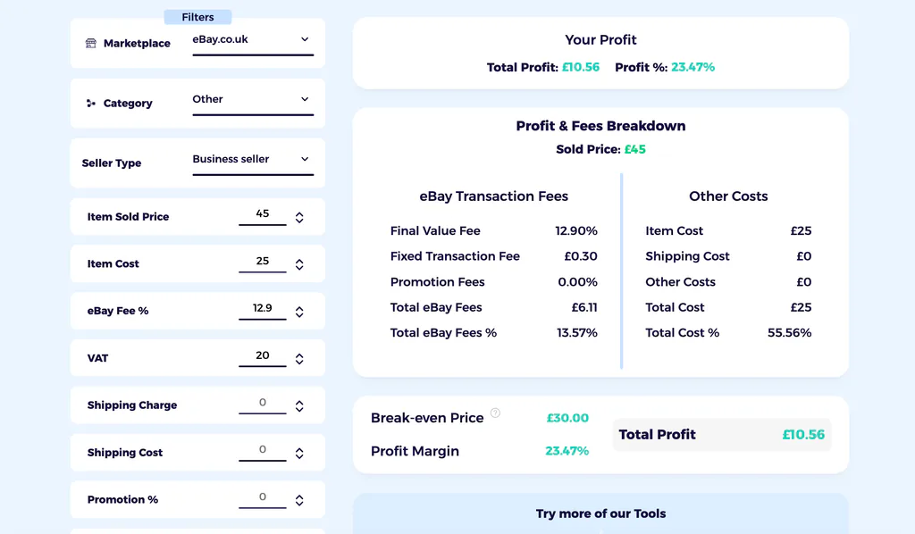 eBay UK fee calculator showing fees and net payout