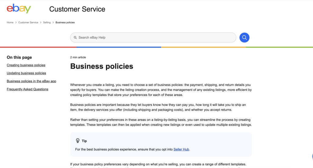 eBay business policies setup for dropshipping