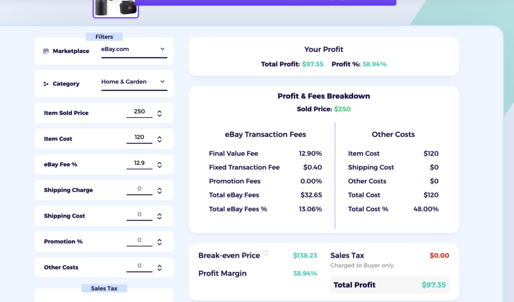 eBay fee calculator to see difference between ebay business account vs personal account