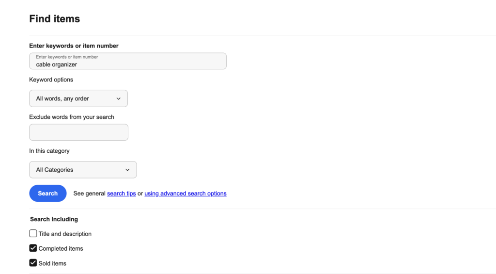eBay sold listings filter for product research