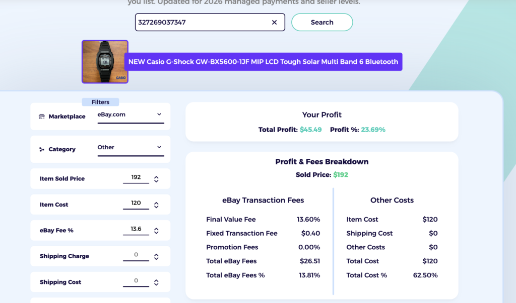 eBay watch selling fees in the ZIK ebay fee calculator