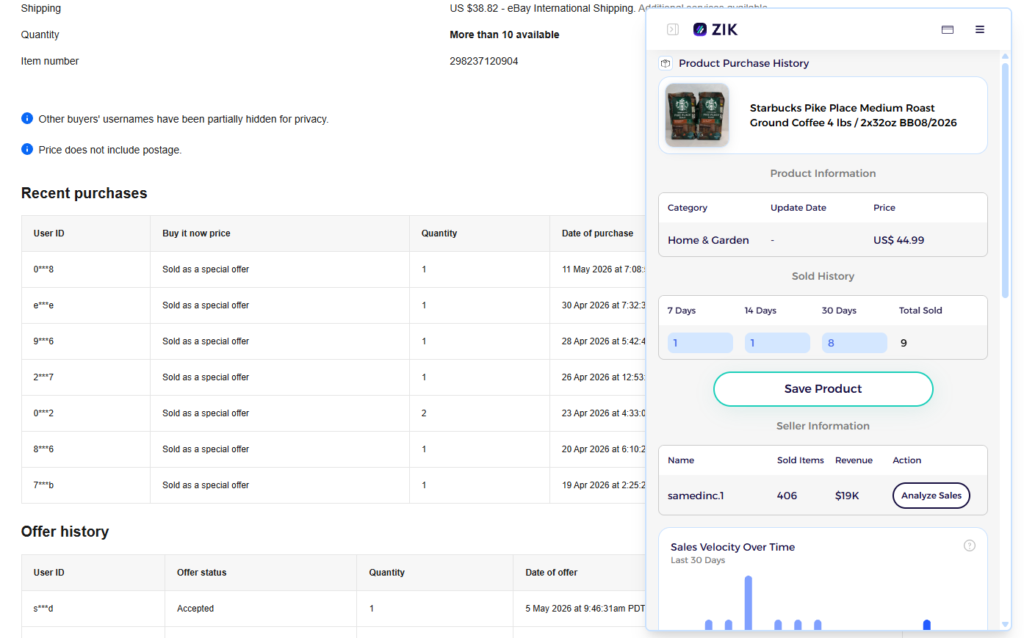 ebay sold listing history showing for listings