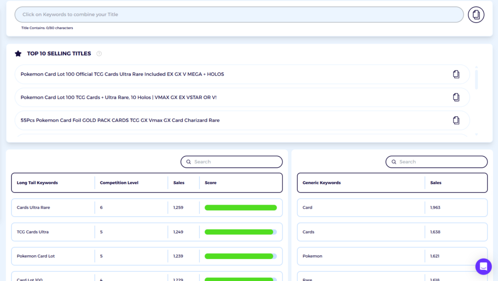 ebay title analytics from zik for pokemon keyword