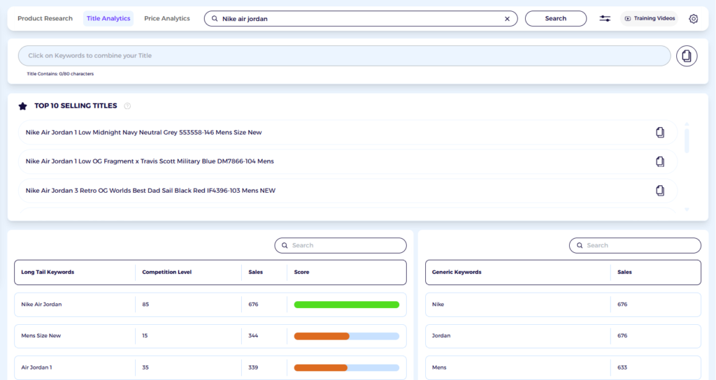 ebay title analytics from zik for shoes keywords on ebay