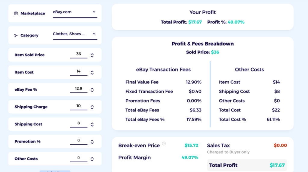 enter data of your target product and category to find out fees