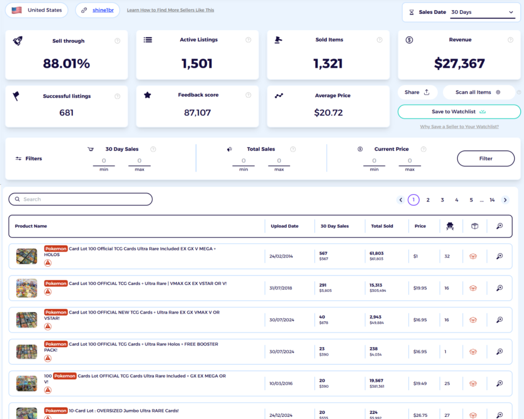 example of a pokemon seller stats in ebay competitor research tool from zik