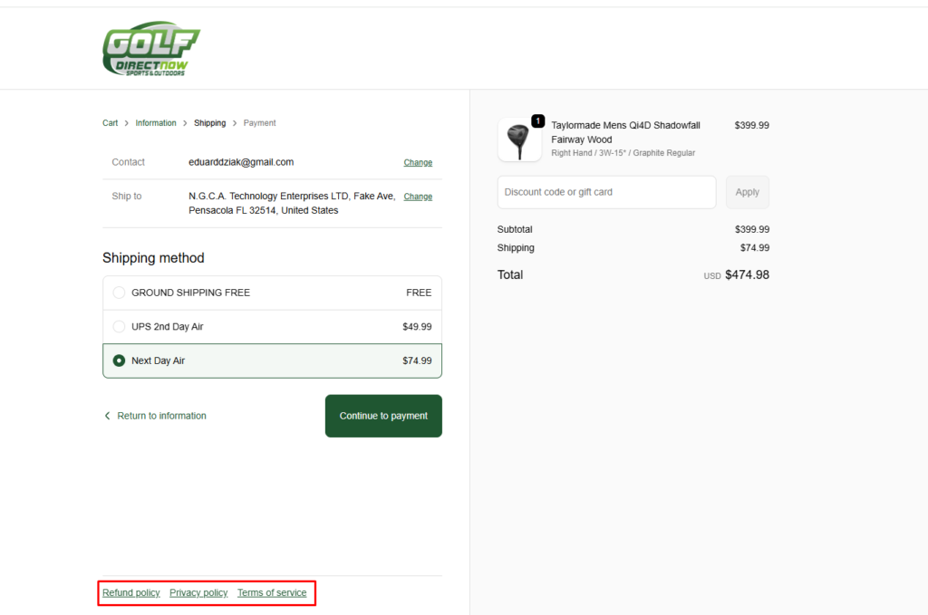 example of shopify checkout page with the right policies