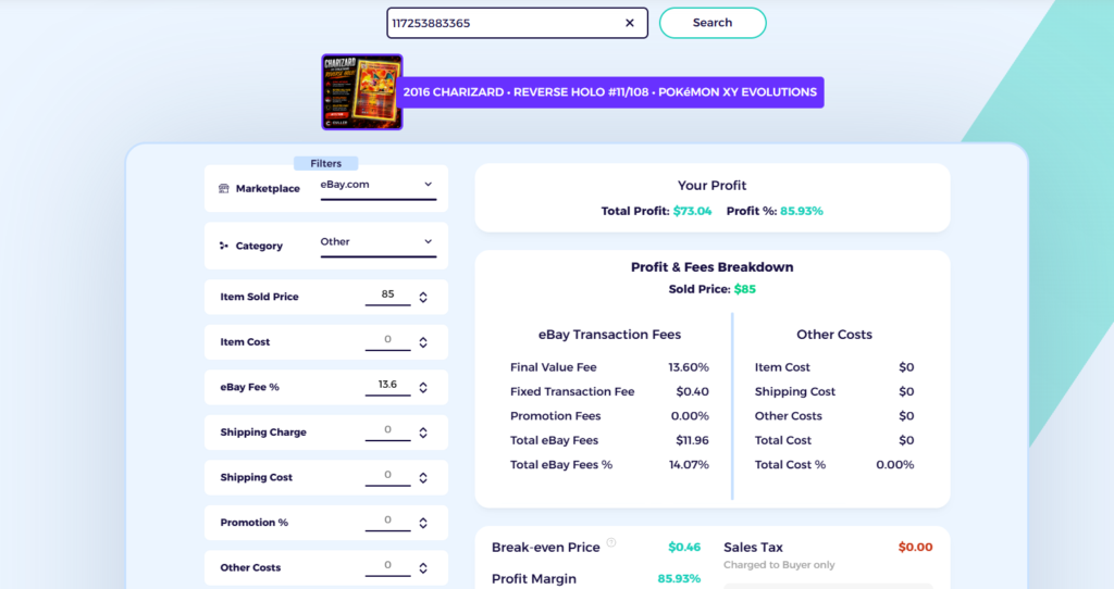 example of zik ebay fee calculator for ebay card listing