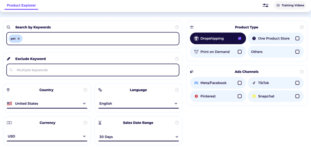 fill in filters in shopify product explorer to start shopify dropshipping