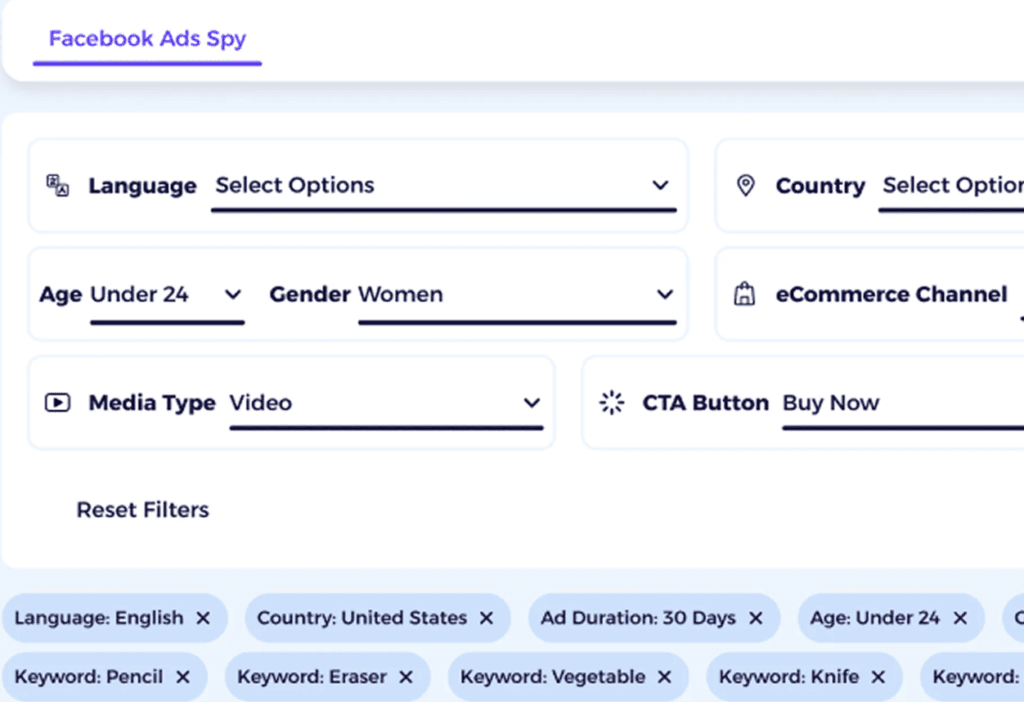 filter on demographics, ecommerce types, media type on the ads you want to look at and then find products to sell on shopify