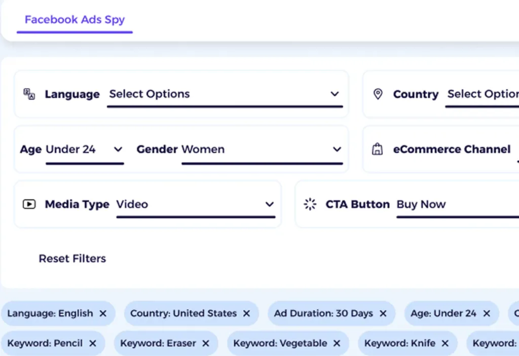 filter on demographics, ecommerce types, media type on the ads you want to look at and then find products to sell on shopify
