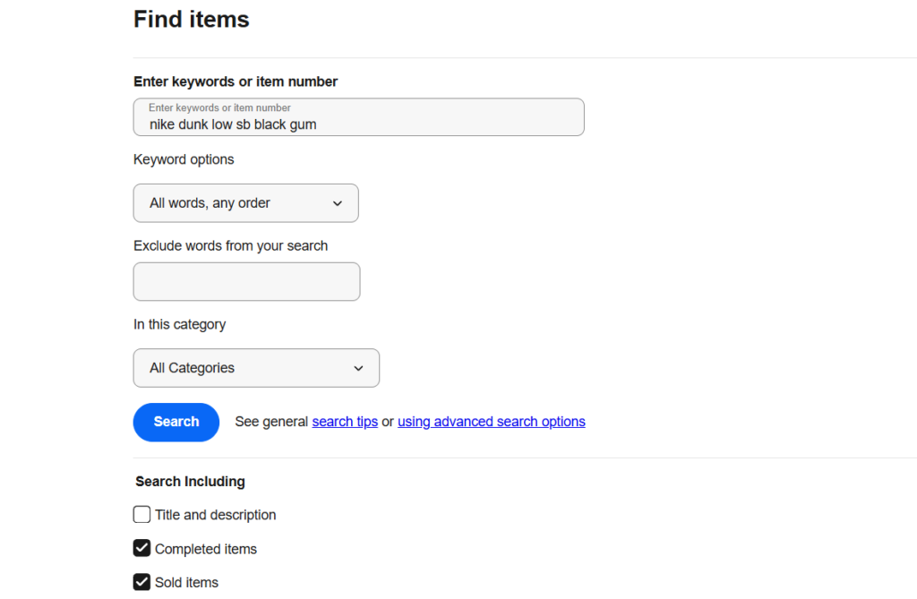 filtering ebay shoes fo sold items to check prices